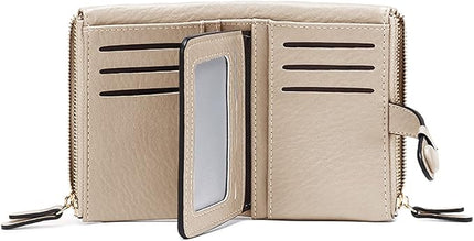 AOXONEL Women's Wallets Leather Wallets for Women Rfid Small Ladies Wallet Billfolds for Women,Trifold Mini Wallets for Women with Double Zipper Coin Pocket (Beige)