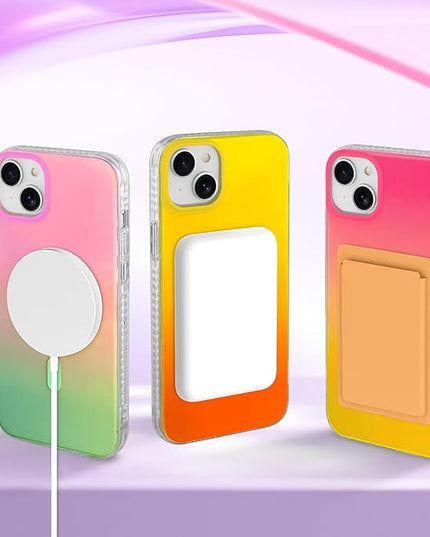 Aesthetic Case for iPhone 14 Plus & iPhone 15 Plus Case for Women Girls, Compatible with Magsafe, Cute Girly Glitter Sparkly Bling Rainbow Magnetic Phone Cover, Iridescent Yellow & Orange