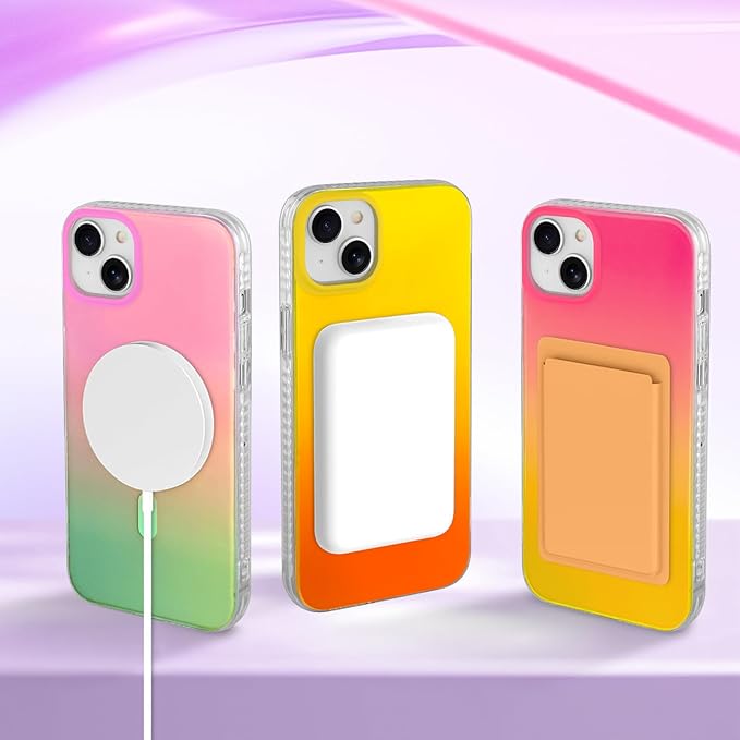 Aesthetic Case for iPhone 13 & 14 Case for Women Girls, Compatible with Magsafe, Cute Girly Trendy Glitter Sparkly Rainbow Magnetic Protective Phone Cover, Matte Iridescent Yellow & Orange
