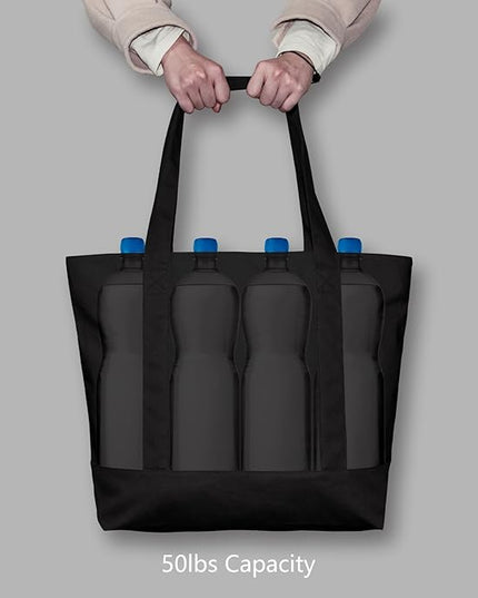 TOPDesign 1-Pack Canvas Tote Bag with an External Pocket, Reusable Grocery Shopping Bag, Top Zipper Closure, Daily Essentials (Black)