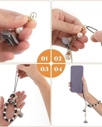 POPETPOP Crystal Flower Pendant Beaded Phone Charm Non-Slip Wrist Strap 6.7 Inch for Cell Phones Keys and Wallet Accessories