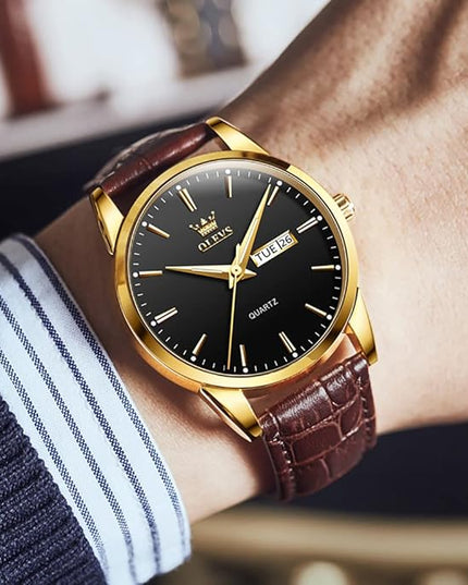 OLEVS Watches for Men Brown Leather Gold Case Analog Quartz Fashion Business Dress Watch Day Date Luminous Waterproof Casual Male Wrist Watches