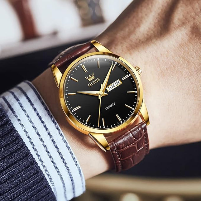 OLEVS Watches for Men Brown Leather Gold Case Analog Quartz Fashion Business Dress Watch Day Date Luminous Waterproof Casual Male Wrist Watches