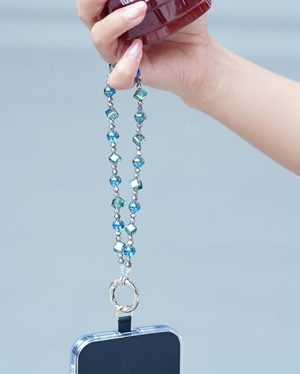 Cell Phone Wrist Strap Crystal Beaded Phone Bracelet Strap For Women Sparkling Beads Wristlet Lanyard Beaded Chain (Aqua Glass Green)