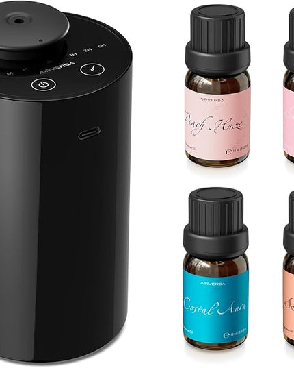 Airversa Waterless Essential Oil Diffuser Starter Kit with 4 x 10mL Fragrance Scent Oil, Battery Operated Mini Scent Air Machine Portable Diffuser for Home Car Office, AN6 Black Kit01