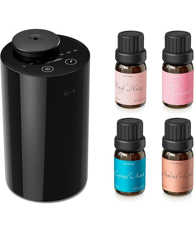 Airversa Waterless Essential Oil Diffuser Starter Kit with 4 x 10mL Fragrance Scent Oil, Battery Operated Mini Scent Air Machine Portable Diffuser for Home Car Office, AN6 Black Kit01