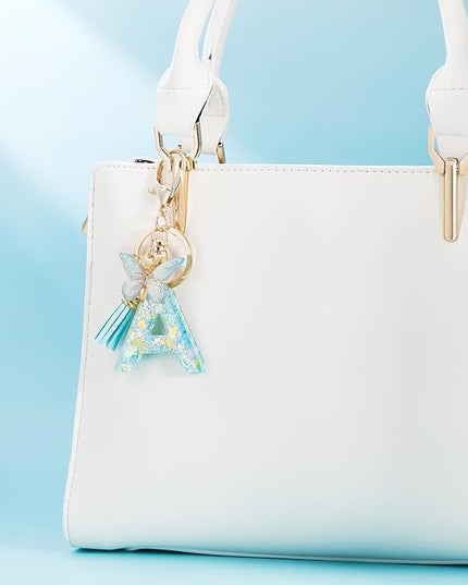 Fashion Alphabet Initial Letter Keychain Tassel Butterfly Pendant Key Ring for Purse Handbags Women Girl