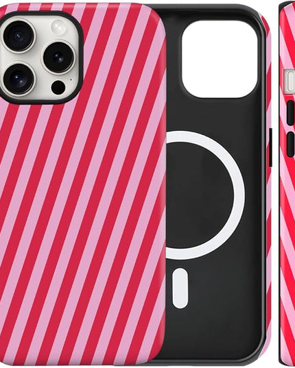 Magnetic for iPhone 15 Pro Case Cute Diagonal Stripes Phone Case, Shockproof Slim TPU and Hard PC Protective Phone Cover Compatible with MagSafe Designed for Women Girls,Red
