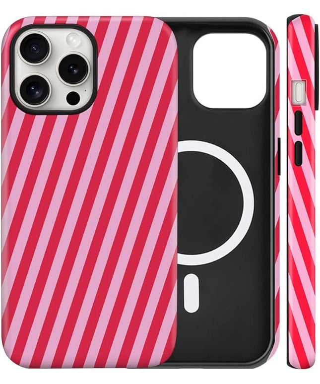 Magnetic for iPhone 13 Pro Max Case Cute Diagonal Stripes Phone Case, Shockproof Slim TPU and Hard PC Protective Phone Cover Compatible with MagSafe Designed for Women Girls,Red