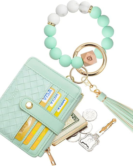 COOLANS Silicone Bracelet Wristlet Wallet Credit Card Holder RFID,ID Window,Key Ring Tassel,Slim Wallet Women Keychain Purse