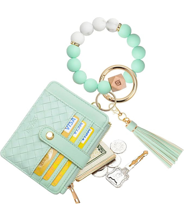 COOLANS Silicone Bracelet Wristlet Wallet Credit Card Holder RFID,ID Window,Key Ring Tassel,Slim Wallet Women Keychain Purse
