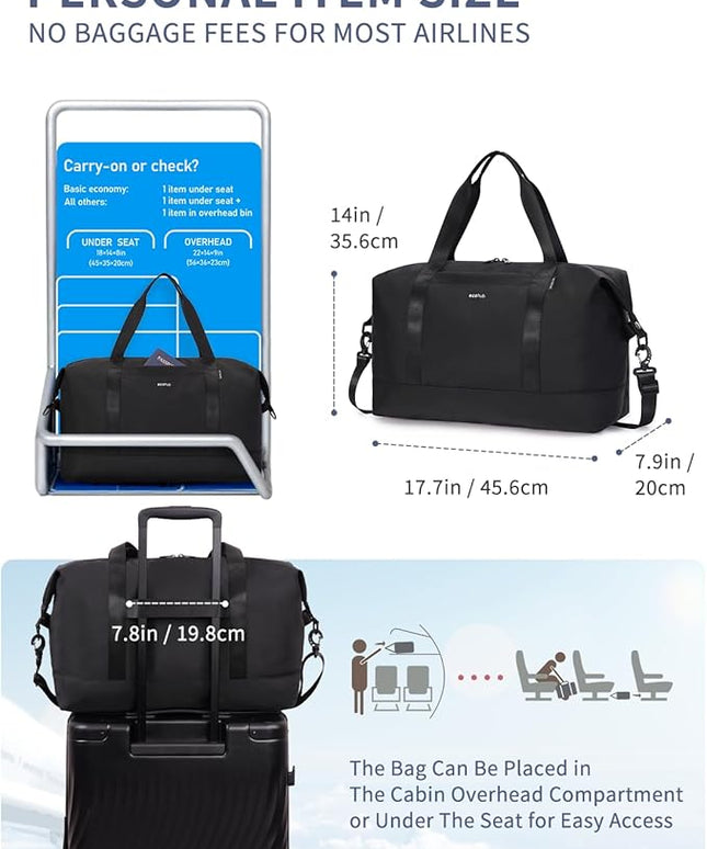 ECOHUB Travel Duffel Bag, Water Resistant Weekender Bag Carry On Bags for Women, Sport Gym Bags for Men, Hospital Bag for Labor and Delivery, Overnight Bag Luggage Bag with Trolley Sleeve, 30L Black