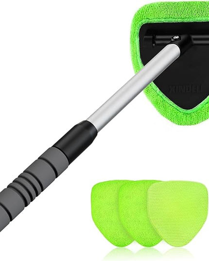 XINDELL Windshield Cleaner Tool – Car Interior Window Cleaning Kit with Extendable Handle & 4 Microfiber Pads, Auto Wiper Inside Windshield Brush for Car & Home Windows