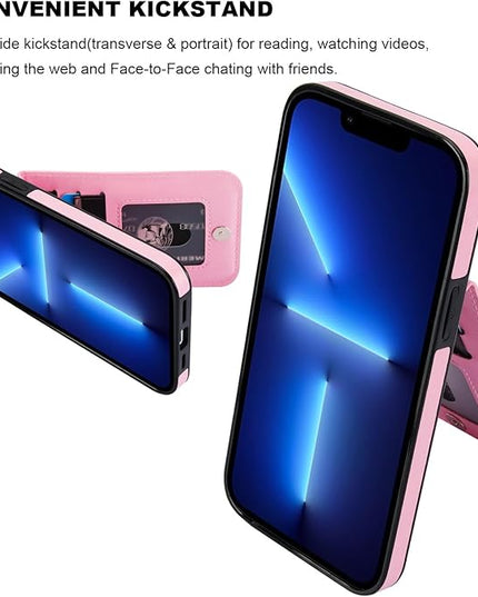 KIHUWEY Compatible with iPhone 13 Pro Max Case Wallet with Credit Card Holder, Premium Leather Magnetic Clasp Kickstand Heavy Duty Protective Cover for iPhone 13 Pro Max 6.7 Inch (Pink)