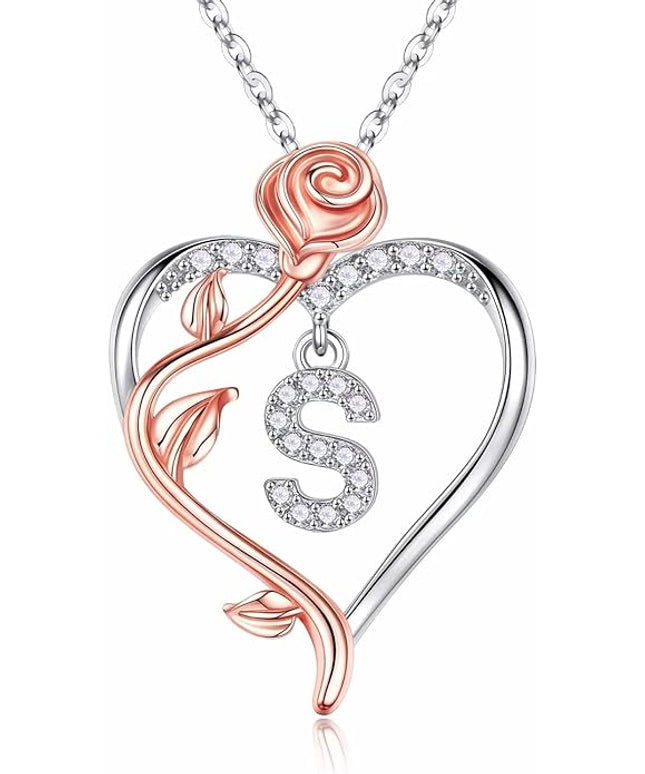 Iefil Christmas Gifts for Women Wife - 925 Sterling Silver Rose Heart Initial Necklace, Anniversary Birthday Gifts for Women, Jewelry Gift for Her Wife Girlfriend Mom Daughter