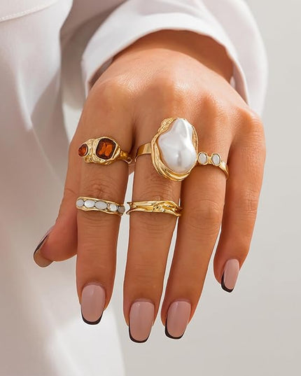 Chunky Gold Rings for Women Non Tarnish Statement Flower Ring Baroque Pearl Stackable Rings Set 6Pcs Chunky Jewelry