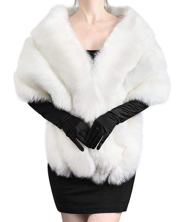 Zhanmai 2 Pcs Winter Long Shawl Cloak Stretchy Glove Opera Bridal Dance Gloves for Women Dress Party Coat