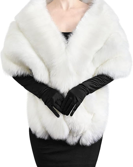 Zhanmai 2 Pcs Winter Long Shawl Cloak Stretchy Glove Opera Bridal Dance Gloves for Women Dress Party Coat