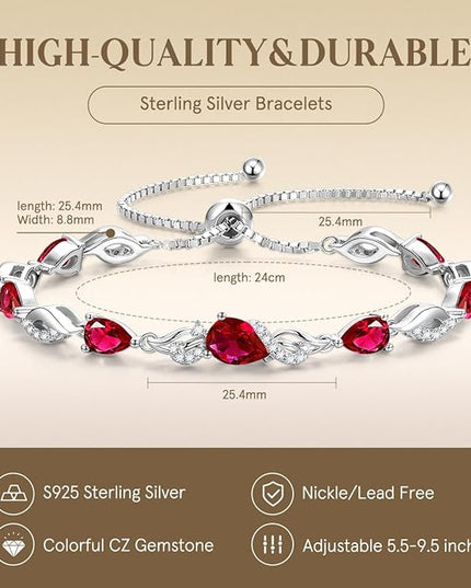 FANCIME Birthstone Teardrop Tennis Bracelet for Women, Sterling Silver 9x7mm main Gemstone Bolo Adjustable Chain Bracelet Fine Jewelry Birthday Gifts for Women Mom Wife Her