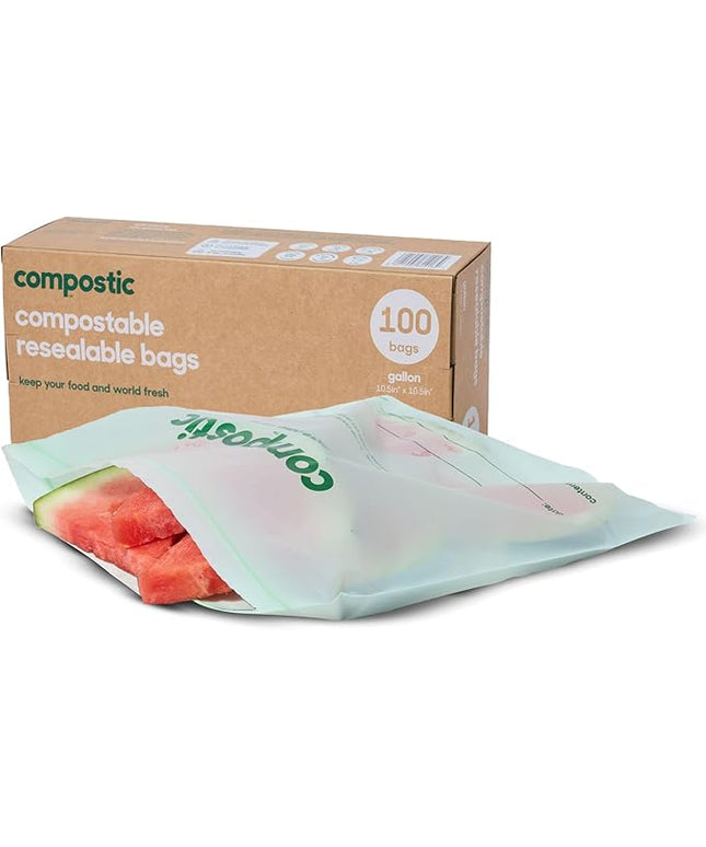 Compostic Home Compostable Resealable Gallon Bags, Microwave & Freezer Safe, Organic Food Storage Container, 90 Count + 10 Bonus Bags