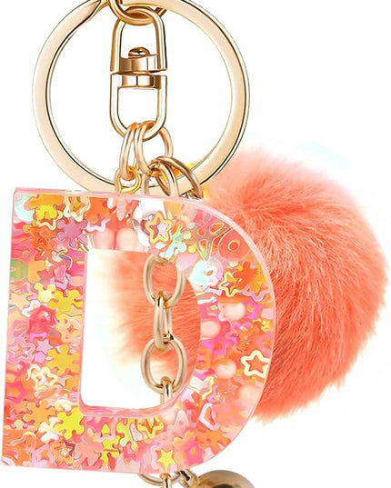 Resin Alphabet Initial Letter Keychain Keyring for Women Purse Handbags With Fur Ball Pom