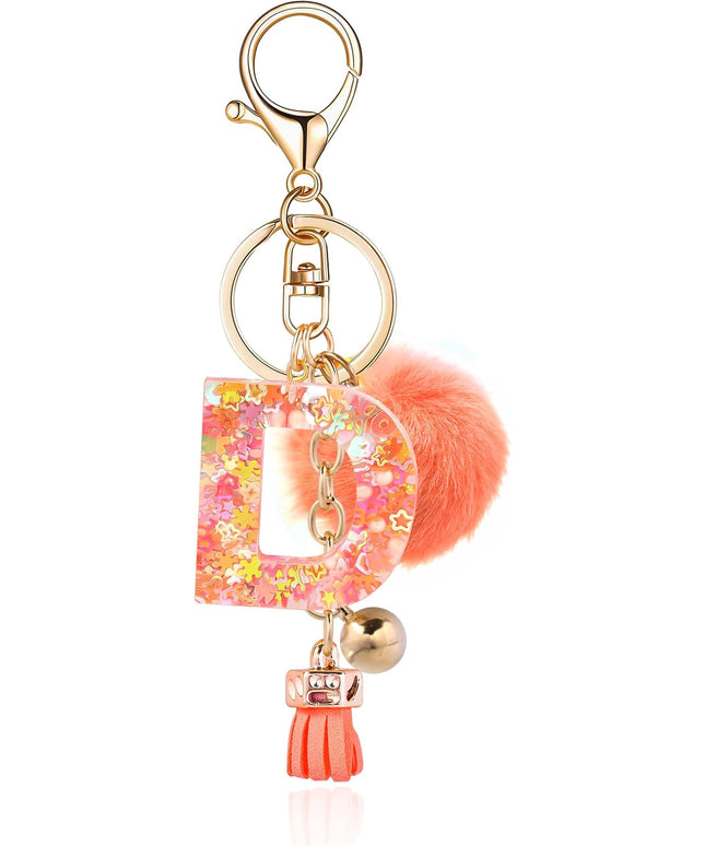 Resin Alphabet Initial Letter Keychain Keyring for Women Purse Handbags With Fur Ball Pom