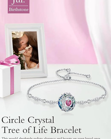 TOUPOP Tree of Life Birthstone Bracelet 925 Sterling Silver Family Tree Austrian Crystal Jewelry Anniversary Birthday Christmas Gifts for Women Wife Girlfriend Her