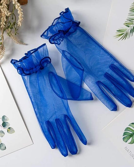 Women's Summer Tulle Gloves Pleated Ruffle Full Finger Wrist Length Opera Party Gloves