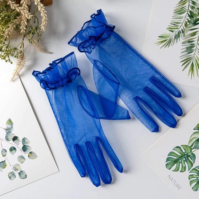 Women's Summer Tulle Gloves Pleated Ruffle Full Finger Wrist Length Opera Party Gloves
