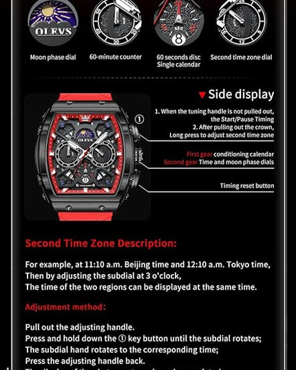 OLEVS Watches for Men Casual Luxury Large Face Multifunctional Chronograph Men's Watches Durable Silicone/Nylon Strap 3ATM Waterproof Men Watch Date Moon Phase Analog Quartz Watch Reloj para Hombre