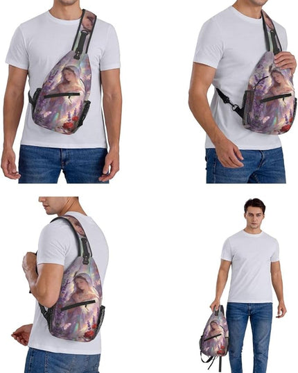 Our Lady of Guadalupe Sling Bag Crossbody Bags Clovers Chest Bag for Travel Hiking for Men Women Lavender Mary
