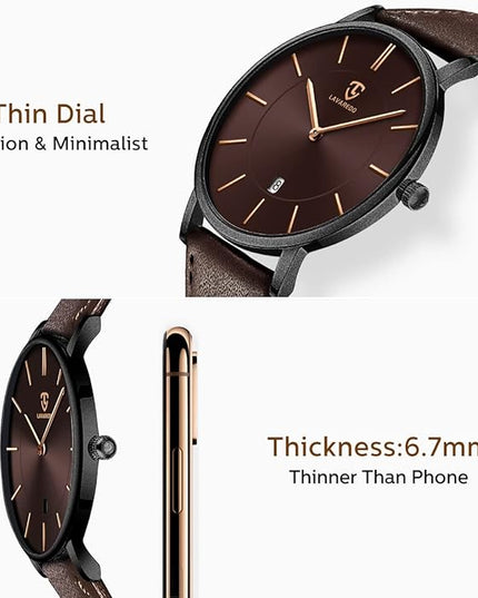 L LAVAREDO Watch for Men, Extremely Thin Mens Watches Minimalist Analog Men's Leather Wrist Watches with Time/Date, Birthday Gift for Men Boyfriend