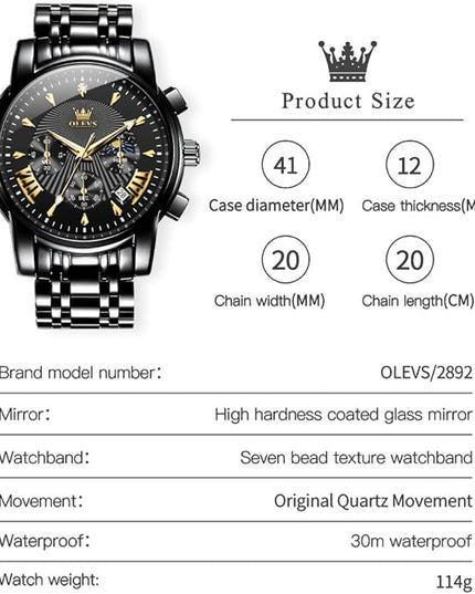 OLEVS Men's Luxury Watch Waterproof Luminous Easy Read Chronograph Watches Full Gold/White Dail/Black Face with Calendar Wristwatch