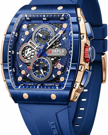 PASOY Luxury Chronograph Watches for Mens Rubber Strap Black Waterproof Date Analog Quartz Watch