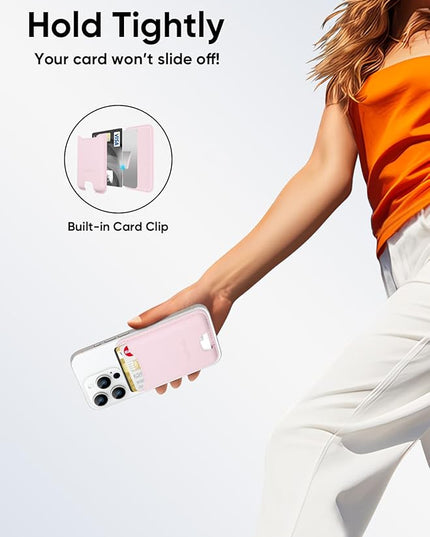 TopMade Phone Card Holder, Premium Leather Phone Wallet Stick on, Stronger 3M Adhesive Credit Card Holder for Back of Phone Case, iPhone, Samsung, and Android, RFID Blocking, Fit 4 Cards, Pink