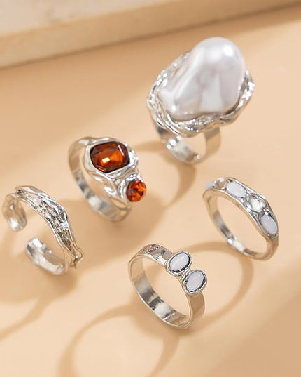 Chunky Gold Rings for Women Non Tarnish Statement Flower Ring Baroque Pearl Stackable Rings Set 6Pcs Chunky Jewelry