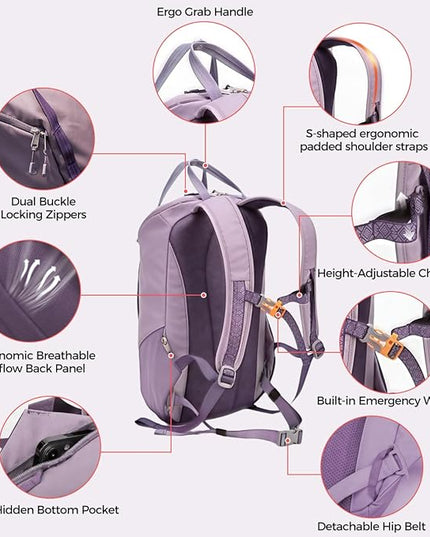 INUK Laptop Backpack for College Students & Work, 25L Lightweight Waterproof Backpack for Business Travel, Hiking Daypack with Padded Sleeve and Safety Whistle, Made from Recycled Materials，Purple