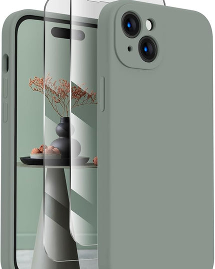 FireNova Designed for iPhone 15 Case, Silicone Upgraded [Camera Protection] Phone Case with [2 Screen Protectors], Soft Anti-Scratch Microfiber Lining Inside, 6.1 inch, Calke Green