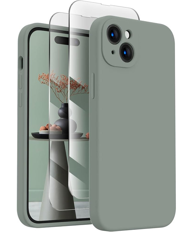 FireNova Designed for iPhone 15 Case, Silicone Upgraded [Camera Protection] Phone Case with [2 Screen Protectors], Soft Anti-Scratch Microfiber Lining Inside, 6.1 inch, Calke Green