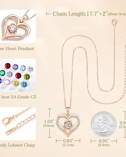 CDE Christmas Gifts for Women S925 Silver Rose Gold Heart Birthstone Necklaces for Women，Ideal Anniversary or Birthday Jewelry Gifts for Wife Girlfriend Her