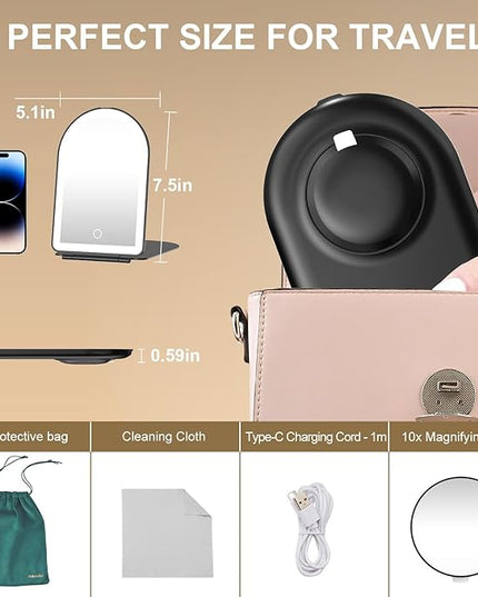Mocado Travel Makeup Mirror with Light, 1x/10x Magnifying Mirror with Light, 3 Colors Lighted Magnifying Mirror, 2000mAh Rechargeable Lighted Makeup Mirror, Memory Function (Arched-Black)