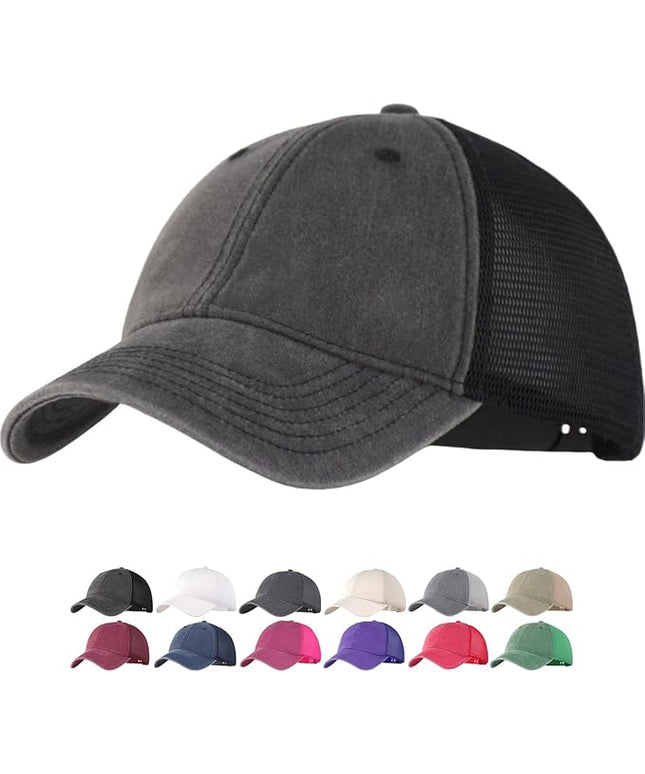 Vintage Washed Soft Crown Baseball Cap Plain Snapback Trucker Hat Men Women Adjustable Distressed Mesh-Back Ball Cap