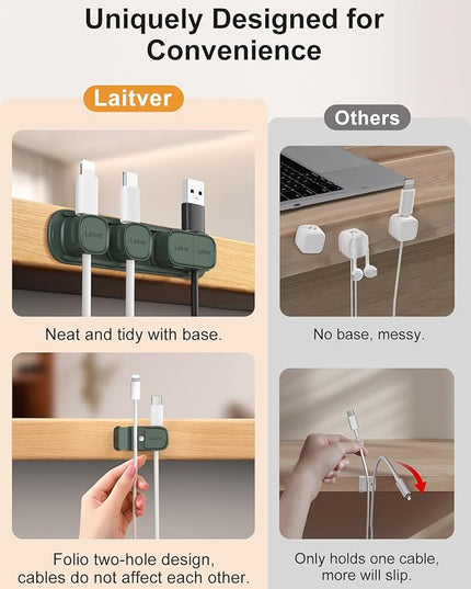 6 Pack Magnetic Cable Clips [1s Open/Lock], Laitver Cord Organizer Holder Strong Adhesive Desk Cable Management- Organize Charging Cords Neatly for Home, Office, Car,Desk, Nightstand-Dark Green