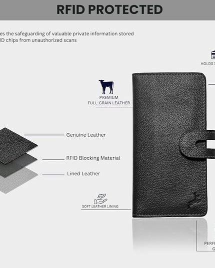 DEERHANDMADE womens wallet (Holds 15-18 Cards, 4 Flat Pockets, 1 ID Windows) Genuine Leather clutch purses for women | Slim long wallets for women | rfid blocking wallet (black wallet)