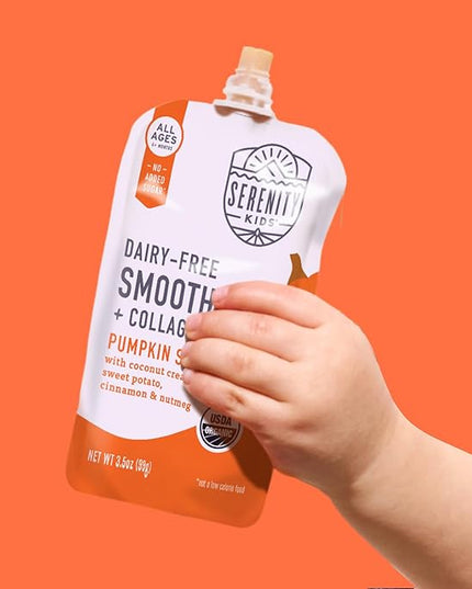 Serenity Kids Organic Pumpkin Spice Protein Smoothie Pouch - Grass Fed Collagen & Healthy Fats Pouches - USDA Organic, Dairy Free & No Added Sweeteners - Baby Food - 3.5 Oz, 12 Pack