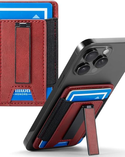 BIAJIYA Phone Wallet Sticky Back with Stand - Holds 6 Cards for iPhone & Samsung, Ultra Thin Leather & Stretch Fabric Card Holder (WinRed)