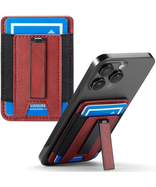 BIAJIYA Phone Wallet Sticky Back with Stand - Holds 6 Cards for iPhone & Samsung, Ultra Thin Leather & Stretch Fabric Card Holder (WinRed)