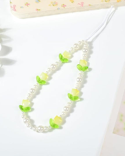 Beaded Phone Charms Cute Aesthetic Tulip Lanyard Strap Girl Wrist Chain, Phone Keychain Decoration for Wallet AirPods-Yellow