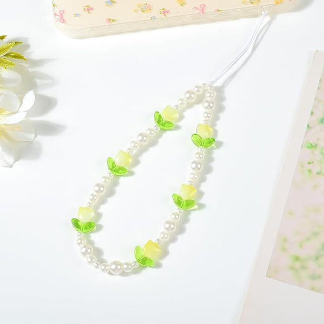 Beaded Phone Charms Cute Aesthetic Tulip Lanyard Strap Girl Wrist Chain, Phone Keychain Decoration for Wallet AirPods-Yellow