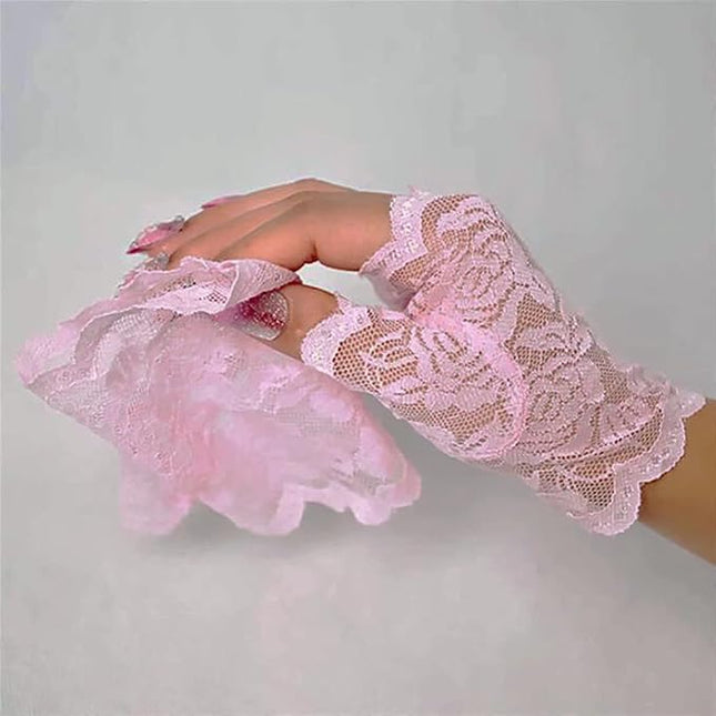 Women's Short Lace Gloves Fingerless for Driving Wedding Wrist Length Bridal Prom Gloves